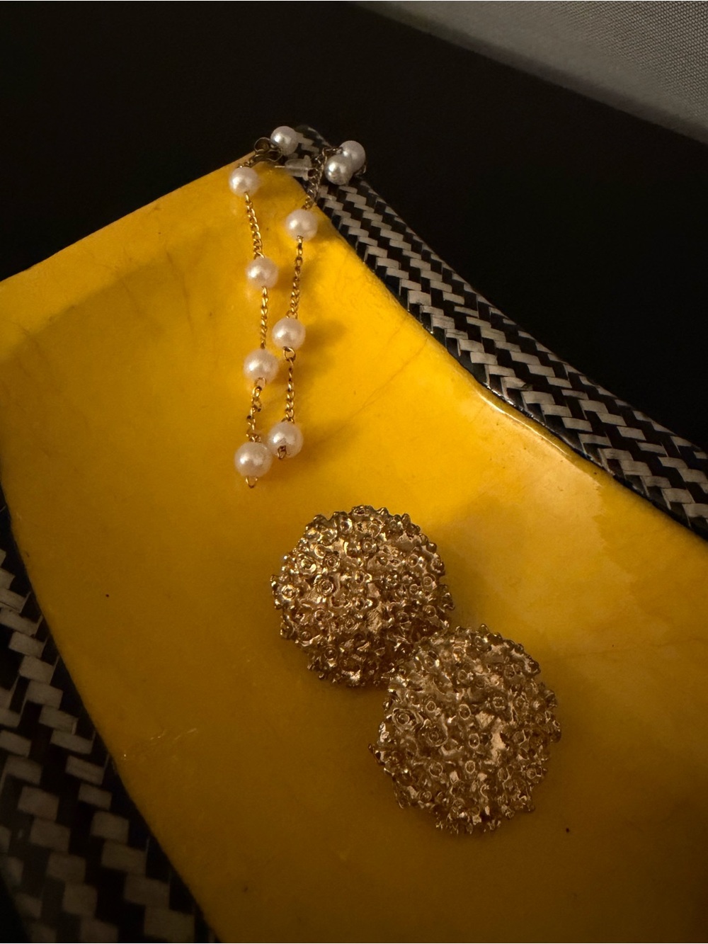 Gold Textured Button Earrings and Pearl long earrings